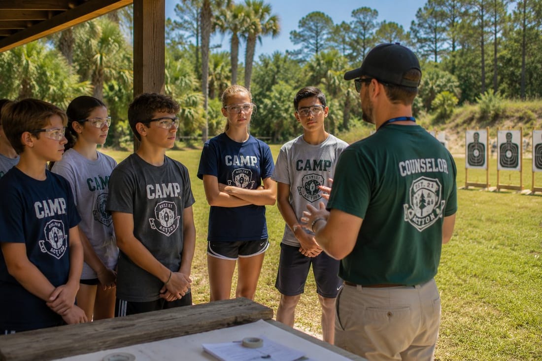 A camper at the supervised air-rifle marksmanship range, learning discipline and safety fundamentals