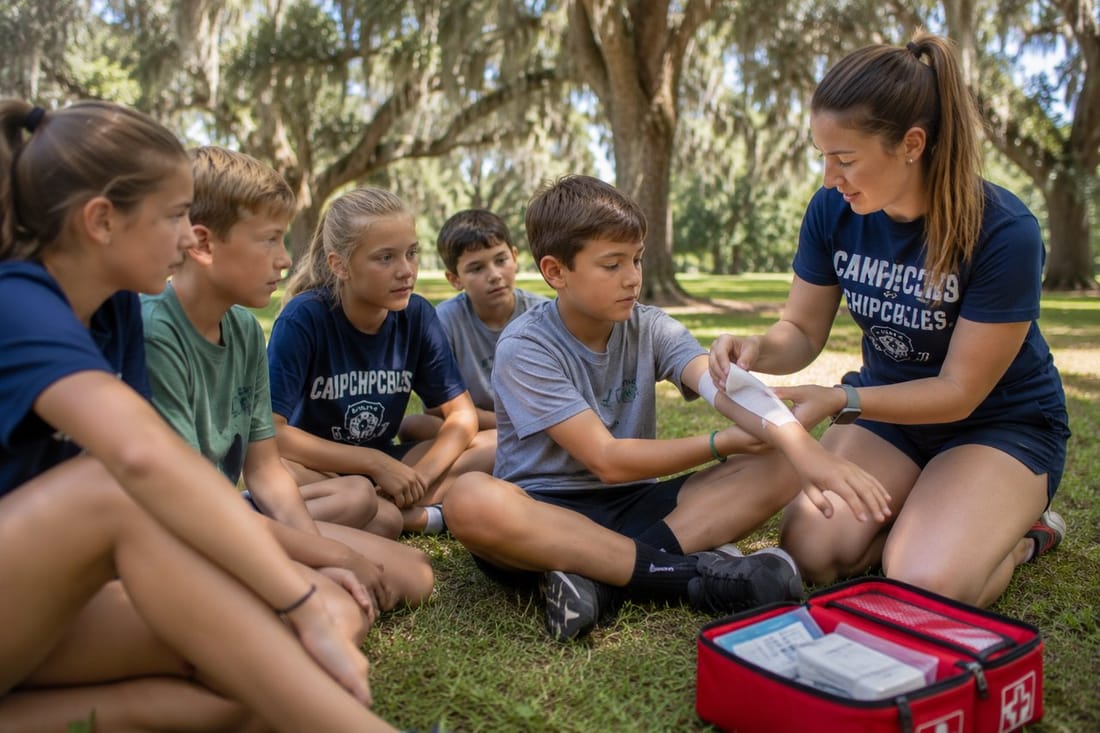 Campers learning practical first aid techniques from a certified instructor at camp