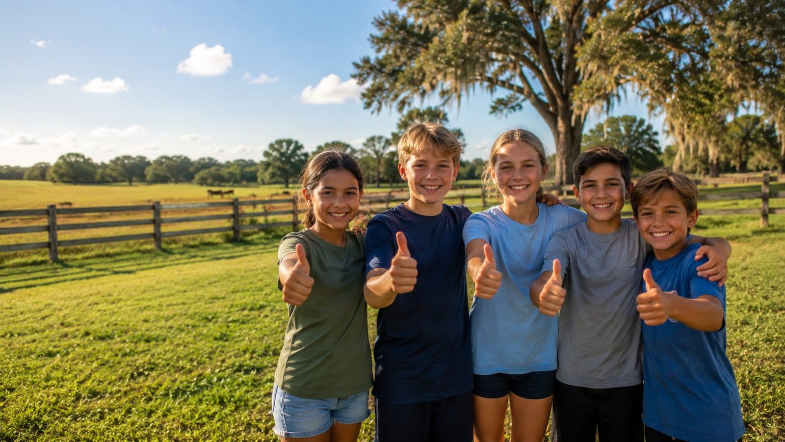 Five happy campers giving a thumbs up together on the ranch grounds at Adventure Day Camp at Victory Acres