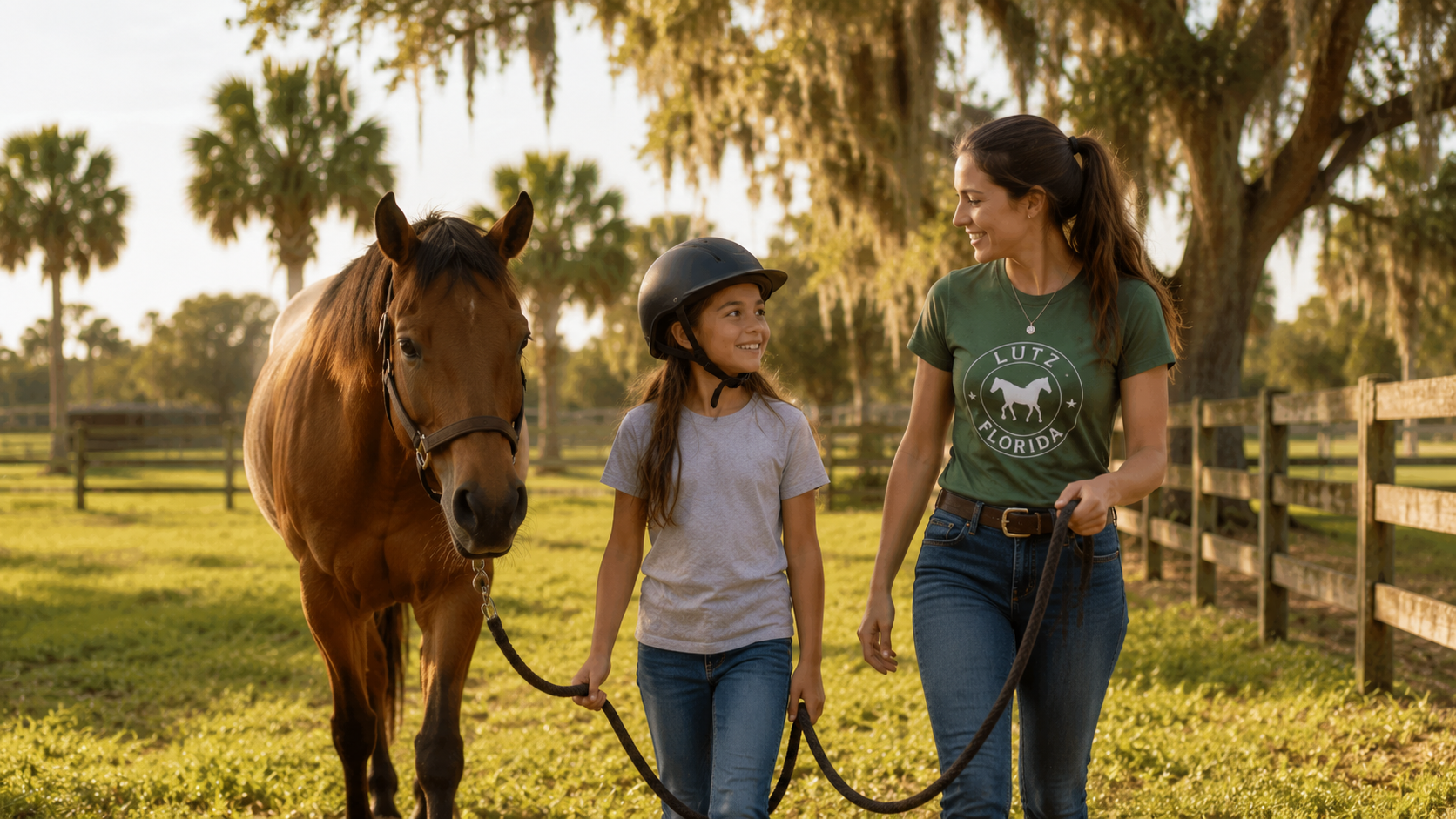 A young camper learning to handle and work with a horse on a lead line in the round pen at Victory Acres Ranch