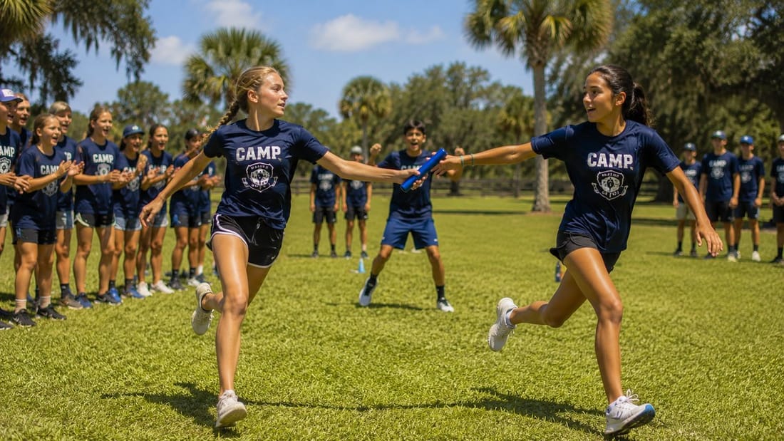 A team of campers competing in a relay race during track and field at Adventure Day Camp