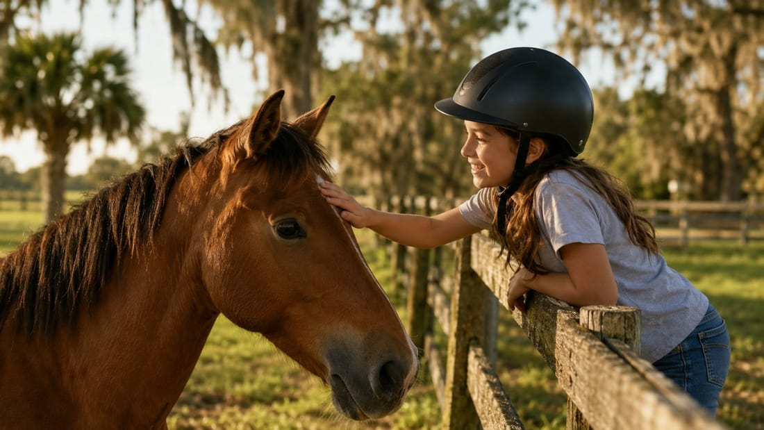A young camper working with a horse at Victory Acres Ranch, guided by a staff member on the ranch property